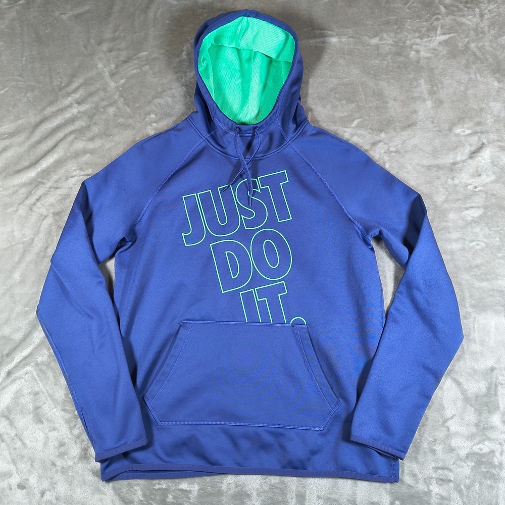 Nike Hoodie Mens Medium Blue Green Performance Just Do It Pullover Thumbholes